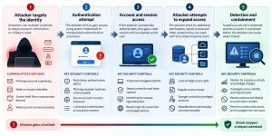 Identity security controls protecting user accounts from phishing, password reuse, session theft and weak account recovery