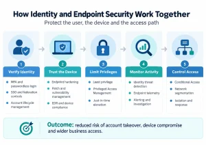 Identity and endpoint security workflow showing identity verification, device trust, privilege control, monitoring and access decisions