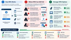 Multi-factor authentication infographic showing how MFA works, common MFA bypass risks and stronger authentication methods including FIDO2 and passkeys
