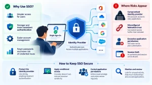 Single sign-on security infographic showing SSO benefits, identity provider risks, federation weaknesses and controls for secure business access
